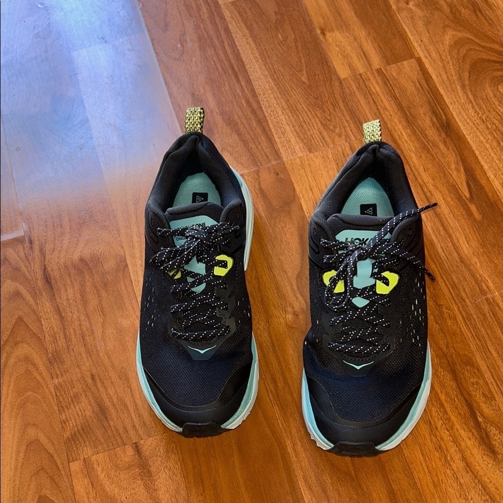 Hoka Navy and Teal Sneakers with Yellow Highlights